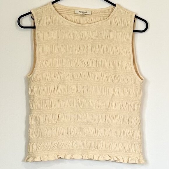NWT Madewell Light Yellow Smocked Cotton Linen Blend Boatneck Tank - Size: Small - Picture 2 of 8